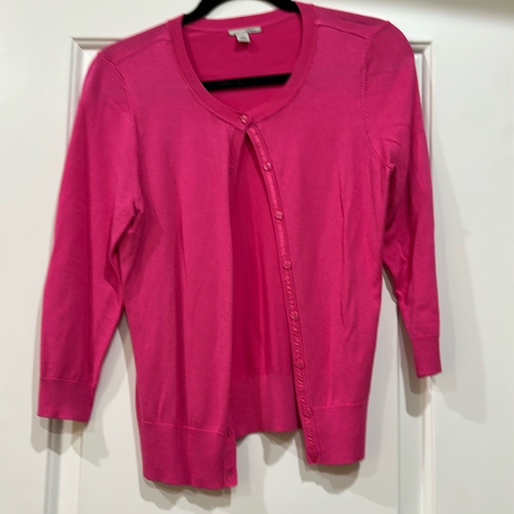 Halogen Hot Pink Cardigan Sweater with Ribbed Trim Size Small.